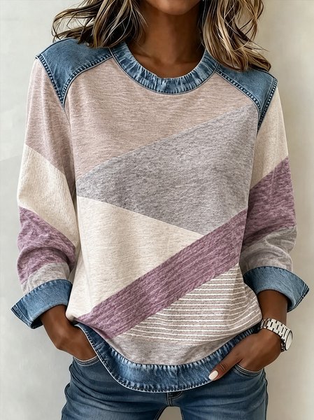 Women Striped Crew Neck Casual Spring/Fall Long Sleeve Sweatshirt