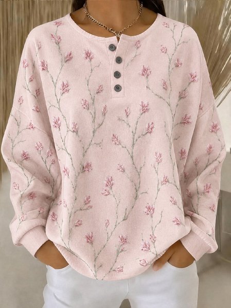 Women Floral Henley Collar Casual Spring/Fall Long Sleeve Sweatshirt