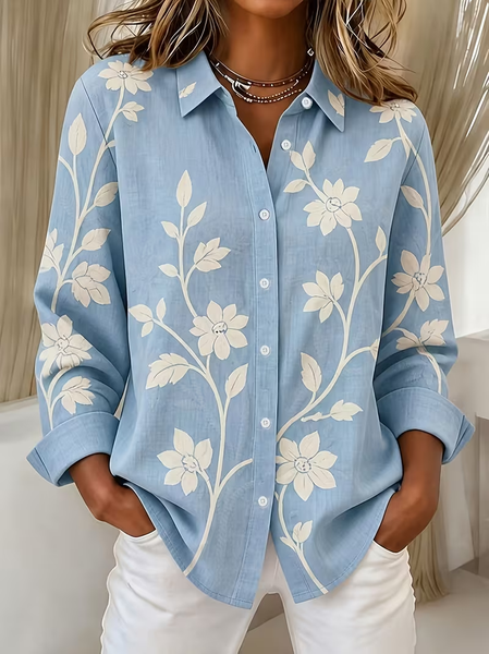 Women Floral Shirt Collar Long Sleeve Shirt Buckle Regular Sleeve Casual Daily Spring/Fall Top