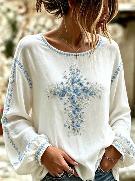 Women Floral Crew Neck Long Sleeve Blouse Printing Vintage Daily Spring/Fall Top