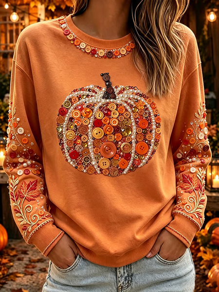 Women Halloween (pumpkin) Crew Neck Printing Casual Spring/Fall Long Sleeve Sweatshirt