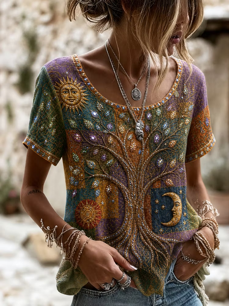 Women Tree Short Sleeve Tee T-shirt Crew Neck Casual Summer Top