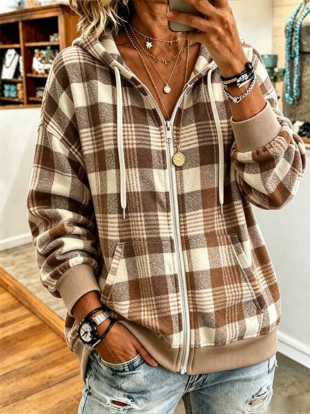 Women Plaid Long Sleeve Hoodie Casual Spring/Fall Jacket Outerwear