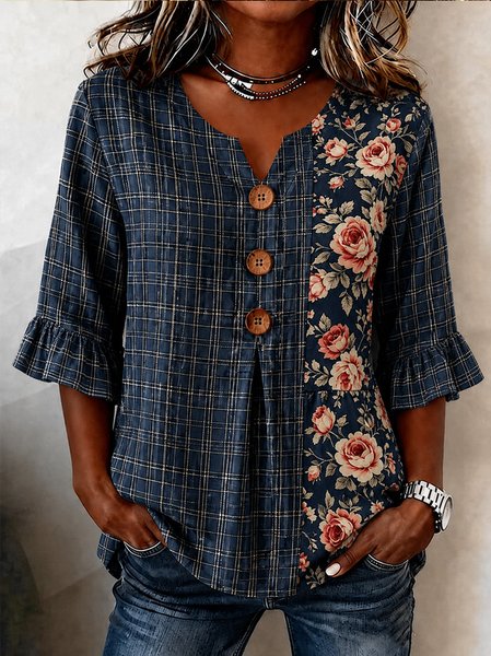 Women Floral V Neck Half Sleeve Blouse Casual Daily Summer Top