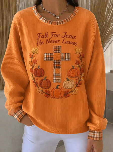 Women Plaid Crew Neck Printing Casual Spring/Fall Long Sleeve Sweatshirt