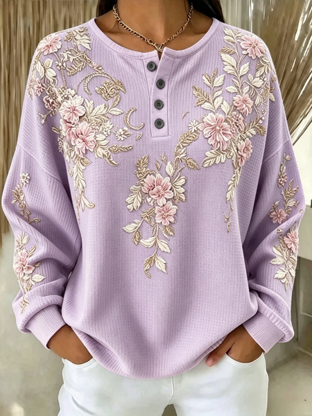 Women Floral Henley Collar Casual Spring/Fall Long Sleeve Sweatshirt