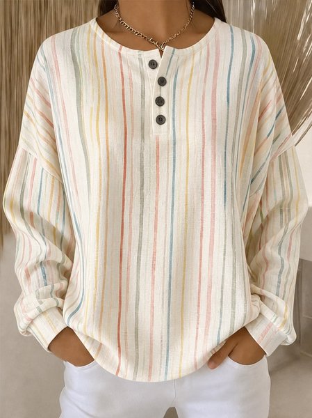 Women Striped Henley Collar Casual Spring/Fall Long Sleeve Sweatshirt