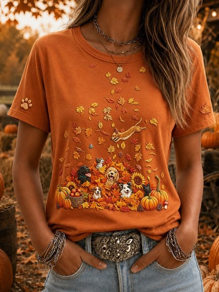Women Leaf Short Sleeve Tee T-shirt Crew Neck Printing Casual Summer Top