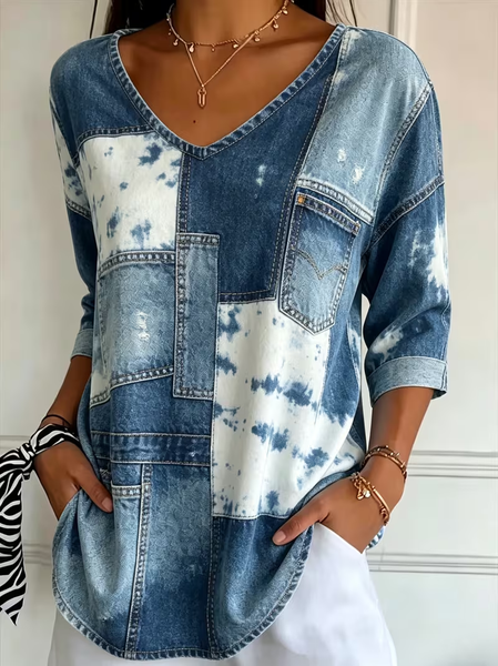 Women Faux Denim Print Graphic Three Quarter Sleeve Tee T-shirt V Neck Printing Casual Graphic Tee Spring/Fall Top