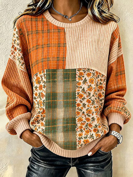 Women Striped Crew Neck Printing Casual Spring/Fall Long Sleeve Sweatshirt