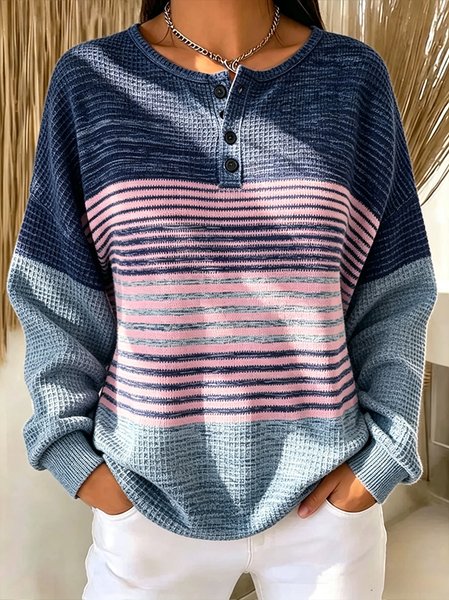 Women Striped Henley Collar Casual Spring/Fall Long Sleeve Sweatshirt