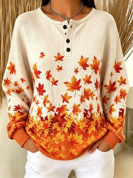Women Maple Leaf Henley Collar Casual Spring/Fall Long Sleeve Sweatshirt