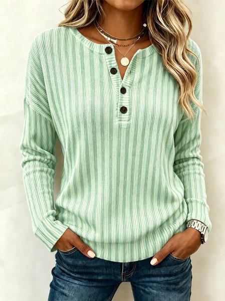 Women Striped Long Sleeve Tee T-shirt Henley Collar Casual Spring/Fall Top