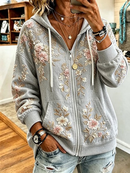 Women Floral Long Sleeve Hoodie Casual Spring/Fall Jacket Outerwear