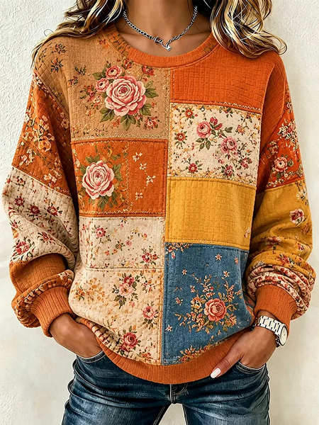 Women Floral Crew Neck Printing Casual Spring/Fall Long Sleeve Sweatshirt