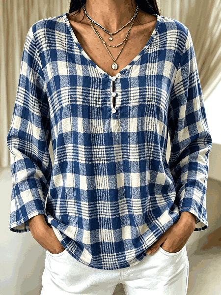 Women Plaid Long Sleeve Tee T-shirt V Neck Vintage Spring/Fall Top