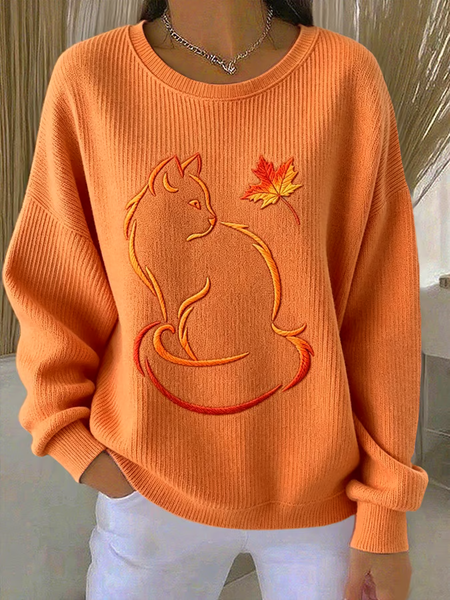 Women Cat Crew Neck Printing Casual Spring/Fall Long Sleeve Sweatshirt