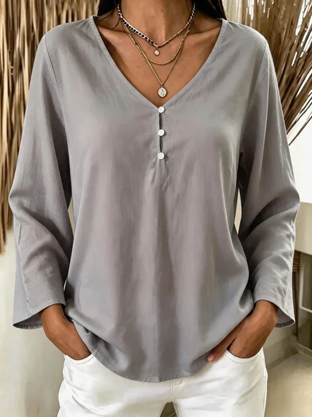 Women Plain Long Sleeve Tee T-shirt V Neck Casual Spring/Fall Top