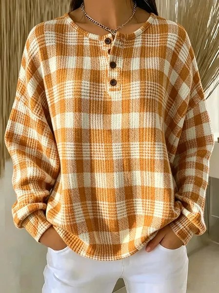 Women Plaid Henley Collar Casual Spring/Fall Long Sleeve Sweatshirt