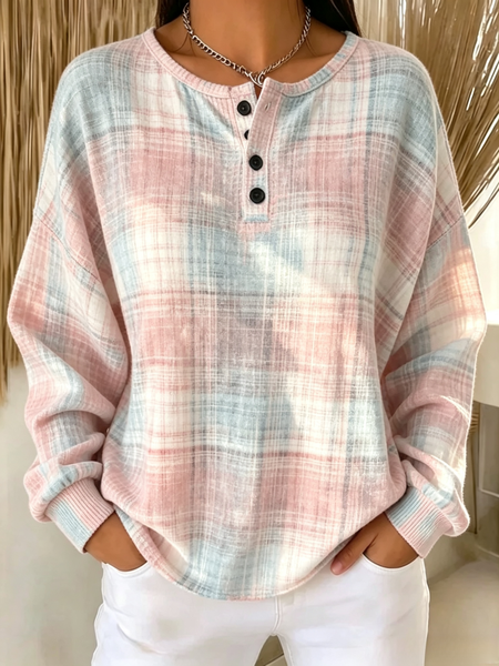 Women Plaid Henley Collar Casual Spring/Fall Long Sleeve Sweatshirt