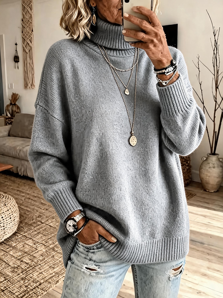 Women Plain Casual Long Sleeve Turtleneck Spring/Fall Sweater