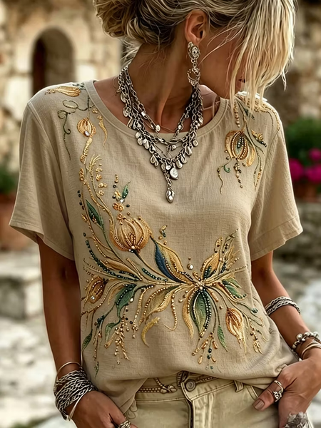Women Floral Short Sleeve Tee T-shirt Crew Neck Casual Summer Top
