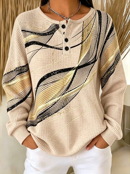 Women Geometric Henley Collar Casual Spring/Fall Long Sleeve Sweatshirt