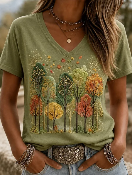 Women Maple Leaf Short Sleeve Tee T-shirt V Neck Printing Vintage Summer Top