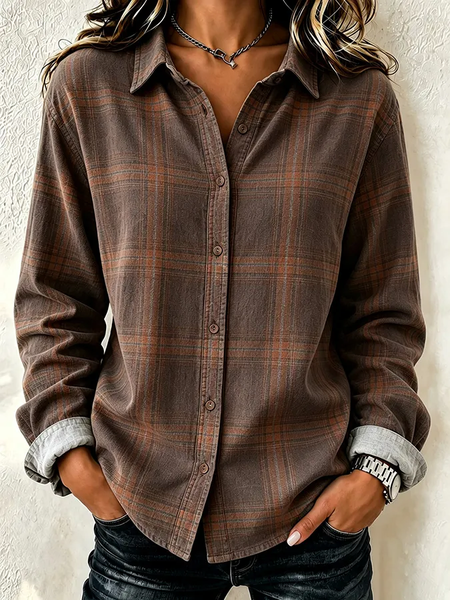 Women Plaid Shirt Collar Long Sleeve Shirt Buckle Regular Sleeve Casual Daily Spring/Fall Top