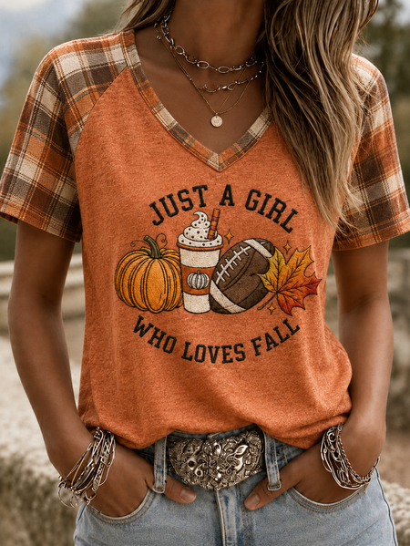 Women Plaid Short Sleeve Tee T-shirt V Neck Printing Vintage Summer Top