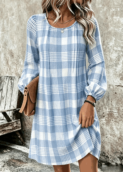 Women Plaid Long Sleeve Crew Neck Dress Daily Vintage Midi T-Shirt Dress A-Line Spring/Fall Dress