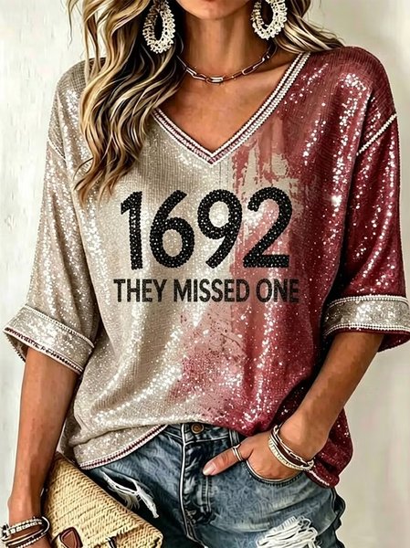 Women Text Letters Half Sleeve Tee T-shirt V Neck Casual Summer Top