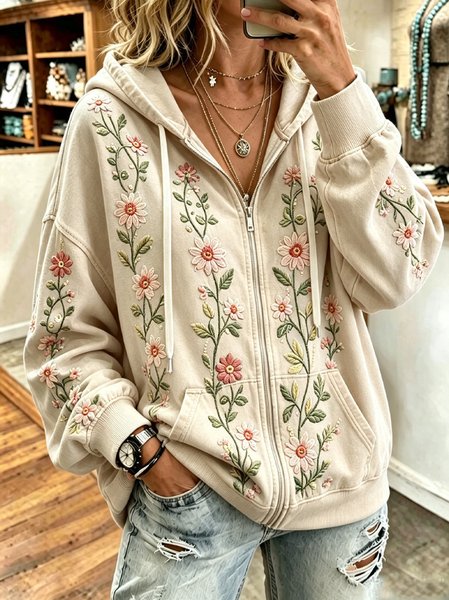 Women Floral Long Sleeve Hoodie Casual Spring/Fall Jacket Outerwear