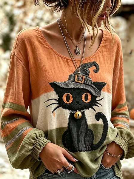 Women Color Block Crew Neck Long Sleeve Blouse Printing Vintage Holiday Spring/Fall Top
