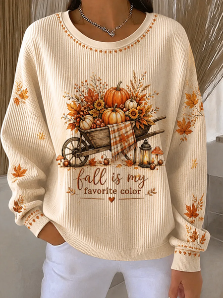 Women Maple Leaf Crew Neck Printing Casual Spring/Fall Long Sleeve Sweatshirt