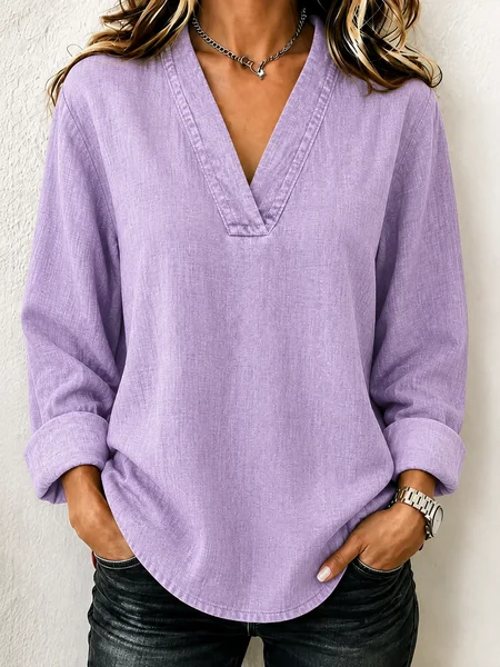 Women Plain V Neck Long Sleeve Blouse Casual Daily Spring/Fall Top