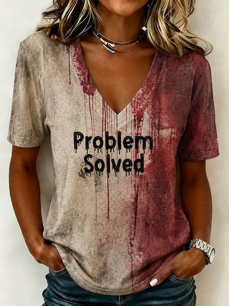 Women Text Letters Short Sleeve Tee T-shirt V Neck Vintage Summer Top