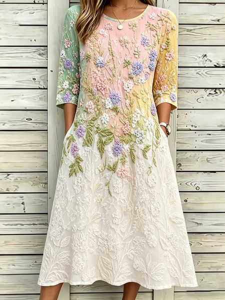 Women Floral Half Sleeve Crew Neck Dress Daily Casual Maxi T-Shirt Dress A-Line Summer Dress