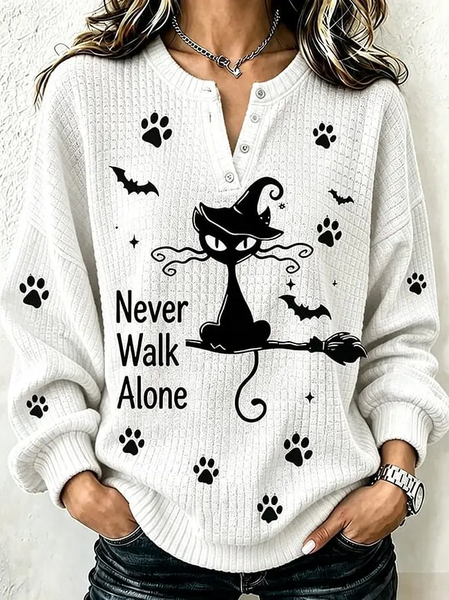 Women Text Letters Henley Collar Casual Spring/Fall Long Sleeve Sweatshirt