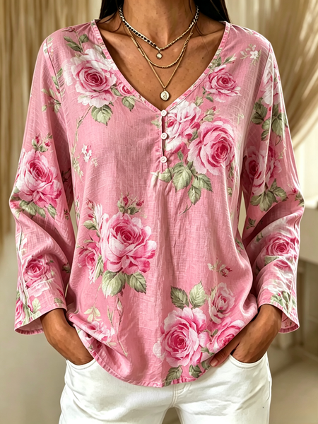 Women Floral Long Sleeve Tee T-shirt V Neck Vintage Spring/Fall Top