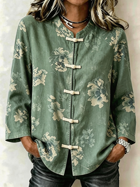 Women Floral Mandarin Collar Long Sleeve Shirt Casual Daily Spring/Fall Top