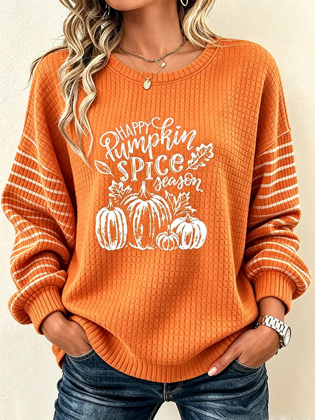 Women Striped Crew Neck Printing Casual Spring/Fall Long Sleeve Sweatshirt