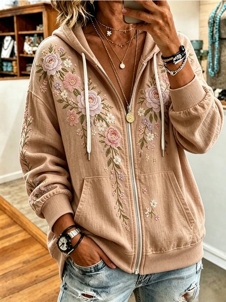 Women Floral Long Sleeve Hoodie Casual Spring/Fall Jacket Outerwear