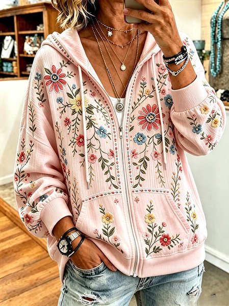 Women Floral Long Sleeve Hoodie Casual Spring/Fall Jacket Outerwear