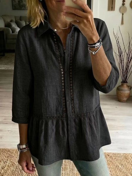 Women Plain Shawl Collar Long Sleeve Shirt Casual Daily Spring/Fall Top