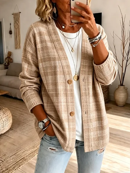 Women Plaid Long Sleeve Vintage Spring/Fall Jacket Outerwear