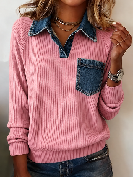 Women Color Block Half Open Collar Printing Casual Spring/Fall Long Sleeve Sweatshirt