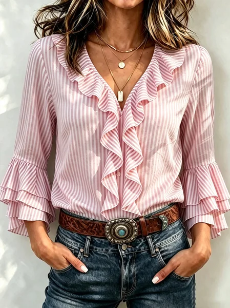Women Striped V Neck Three Quarter Sleeve Shirt Vintage Daily Spring/Fall Top