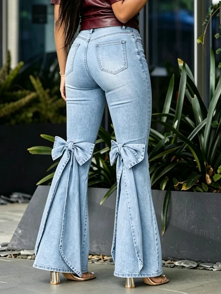 Casual Plain Bow Flare Jeans 1 Casual Plain Bow Flare Jeans
