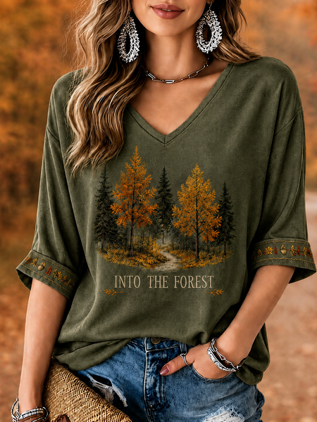 Women Text Letters Half Sleeve Tee T-shirt V Neck Vintage Summer Top